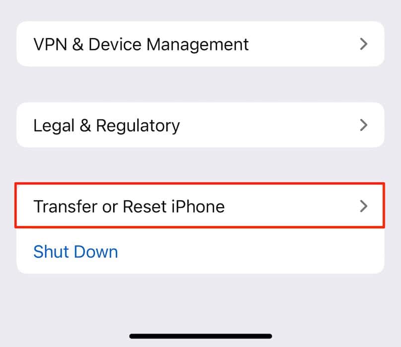 The option to transfer or reset your iPhone