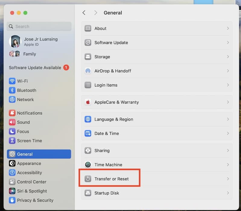Clicking Transfer or Reset macOS Device Settings