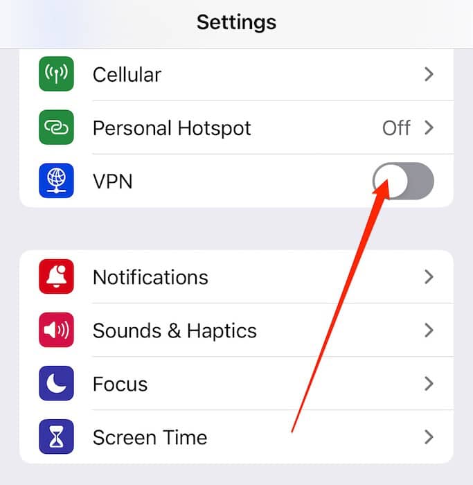 Switch off your iPhone's VPN in Settings