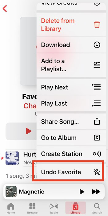 Tapping Undo Favorite on Music App