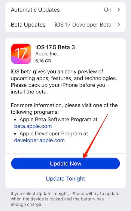 Update your iOS 17 software when the option appears