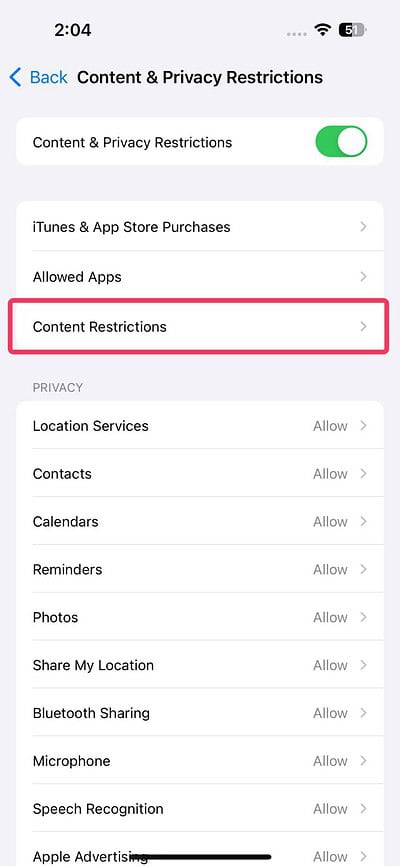 Select Content Restrictions