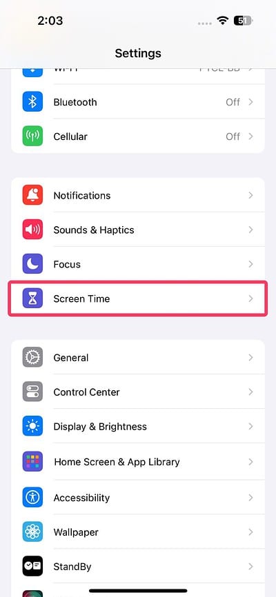 Select Screen Time in the Settings app