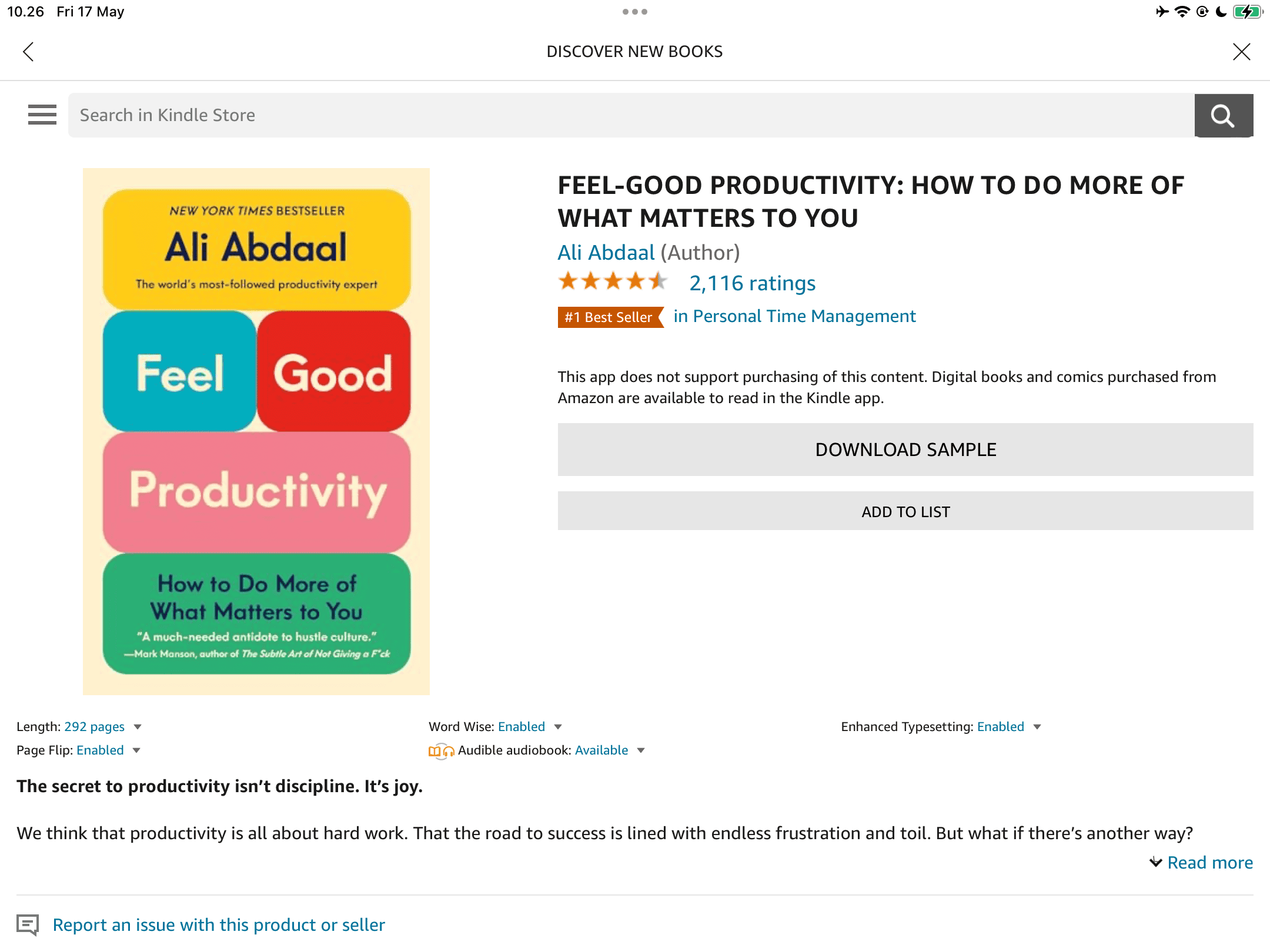 a book in the kindle app