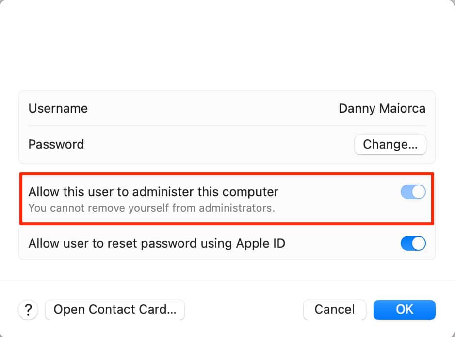 Allow a user to administer computer on Mac