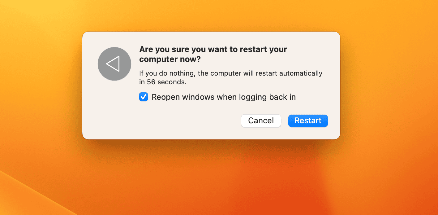 The pop-up window to restart a Mac 