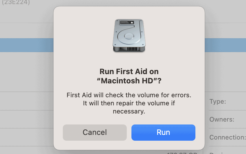 Run the First Aid on Disk Utility Pop-Up