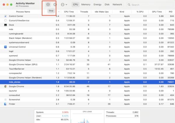 Clicking the Stop Icon on Activity Monitor