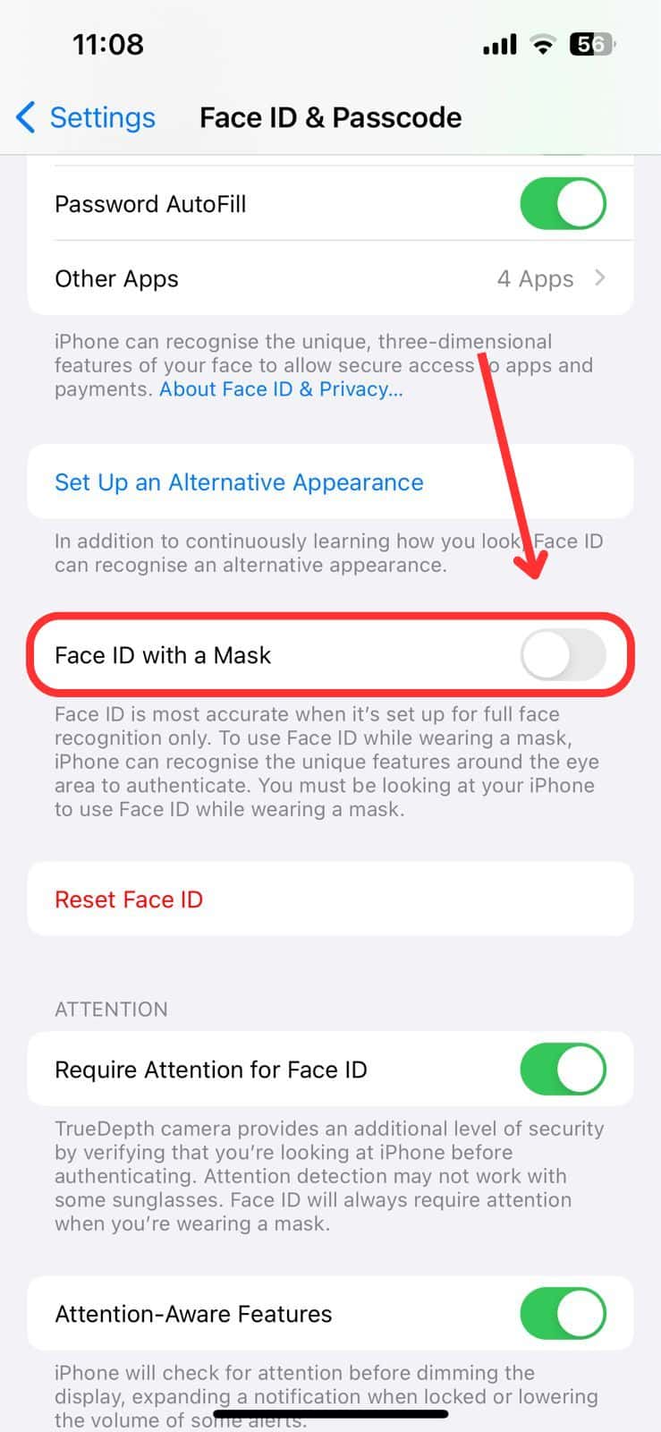 Turn off Face ID with a Mask