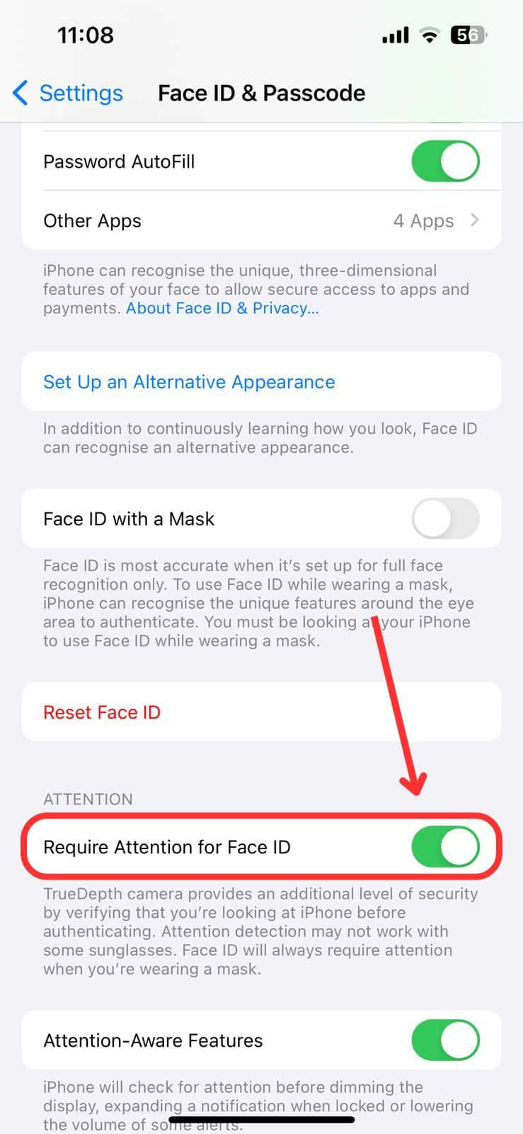 Turn off Require Attention for Face ID