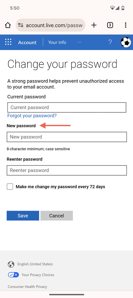 The New password option highlighted in the Microsoft account password update screen.
