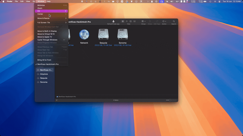MacBook running macOS 15 Sequoia tiling options on the menu bar