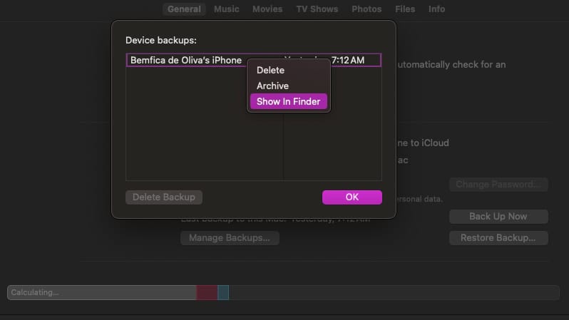 macOS Finder menu for managing iOS backups