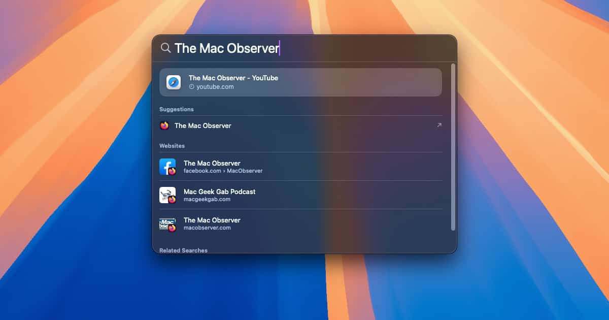 macOS Spotlight search showing results for The Mac Observer