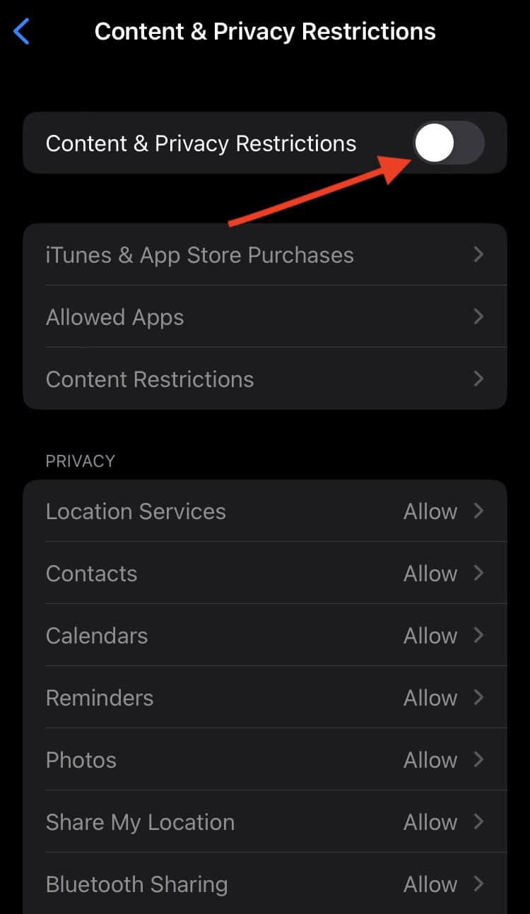 how to switch off Content and Privacy Restrictions
