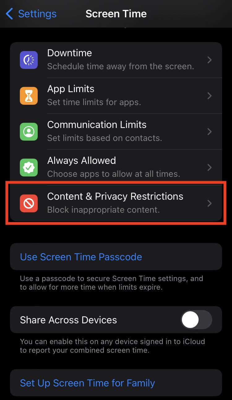 how to switch off Content and Privacy Restrictions