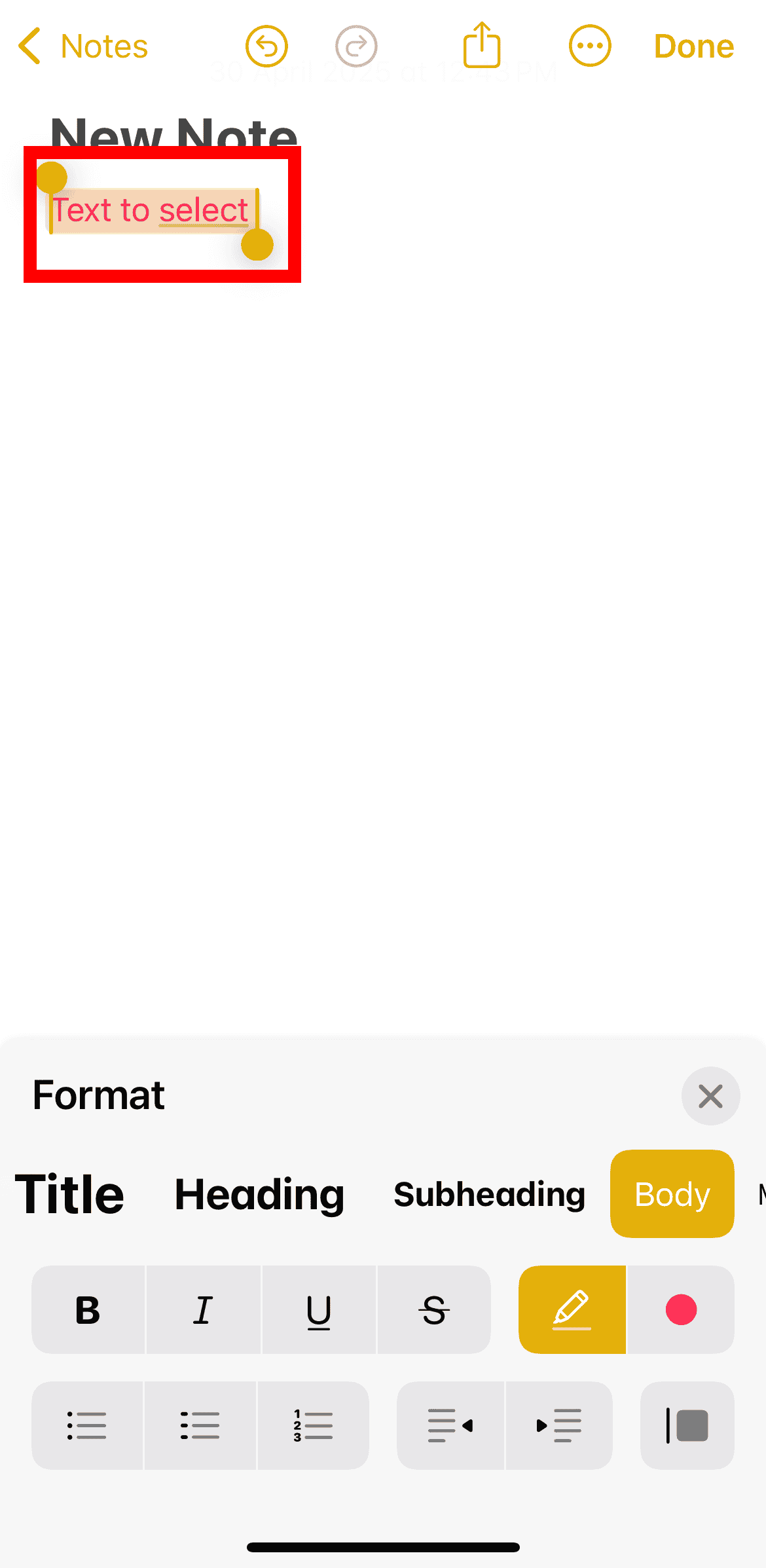 Text higlighted in the Notes app