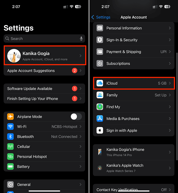 iCloud Section in iPhone Settings