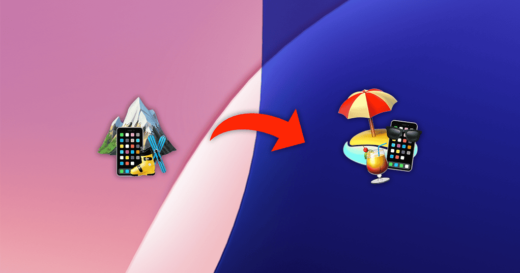 iPhone emojis over default iPhone wallpaper forming images of a smartphone moving from a cold mountain to a beach