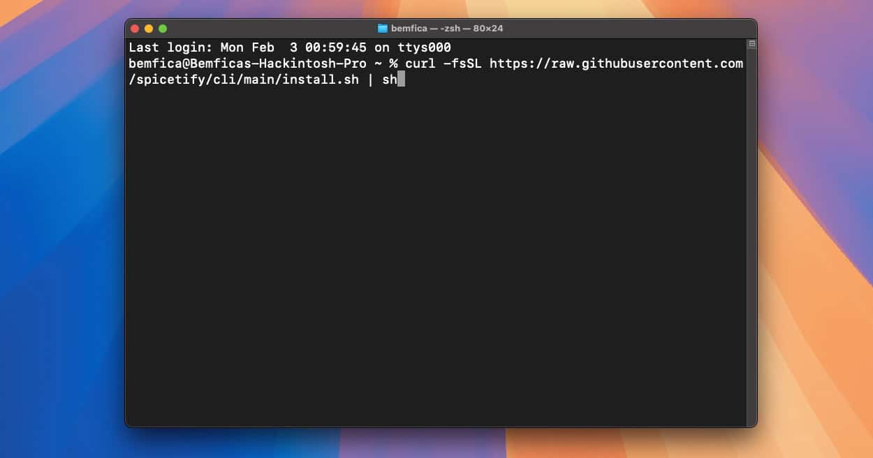 macOS Sequoia Terminal listing the command to install Spicetify