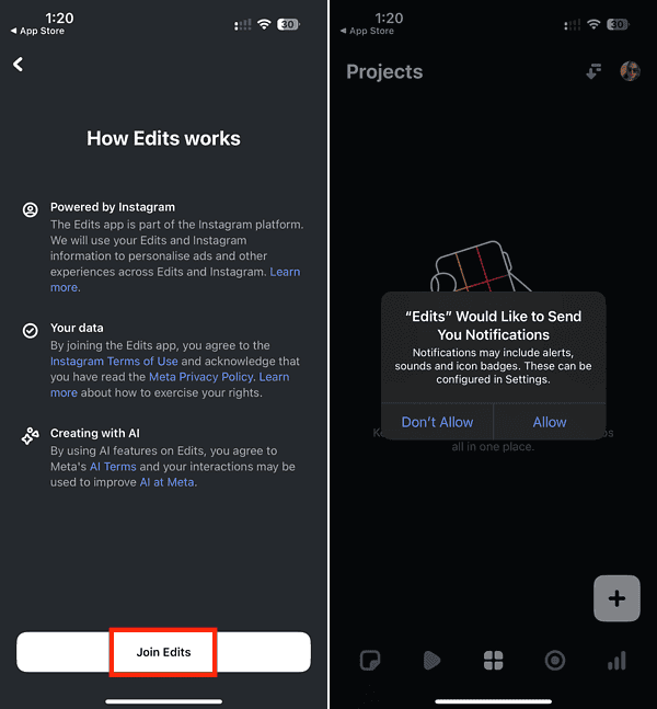 set up edits app on iphone