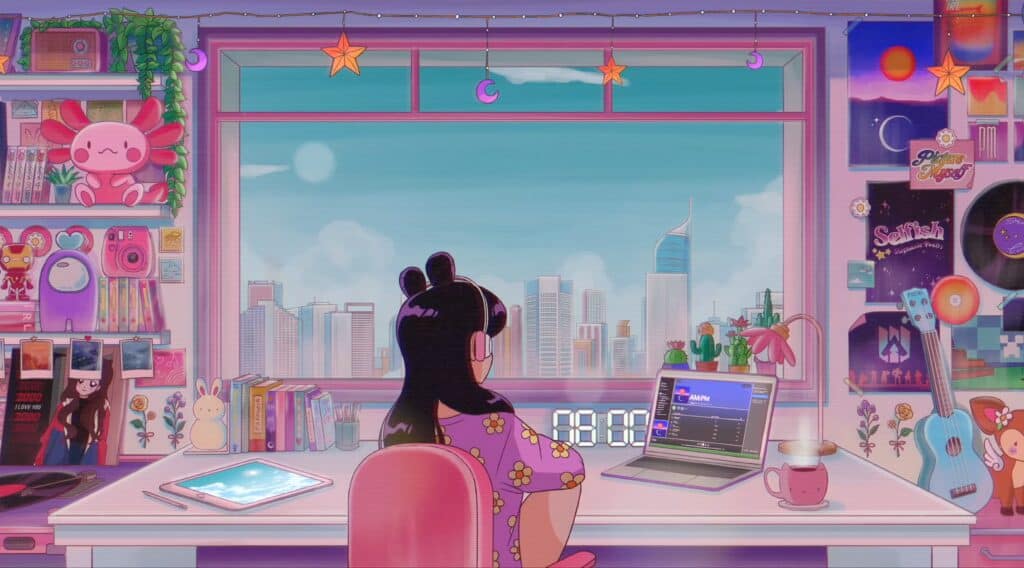 aesthetic dynamic wallpaper with a desk scene