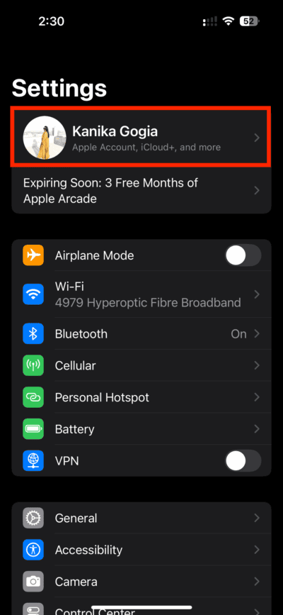 Apple Account in iPhone Settings