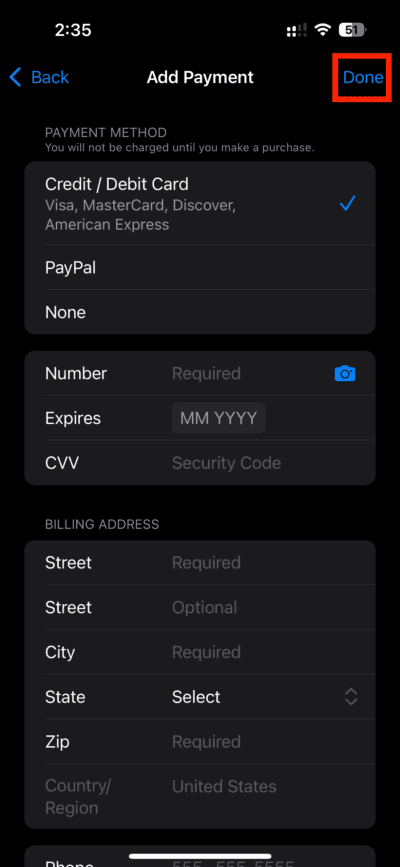 Enter Payment Method and Billing Address