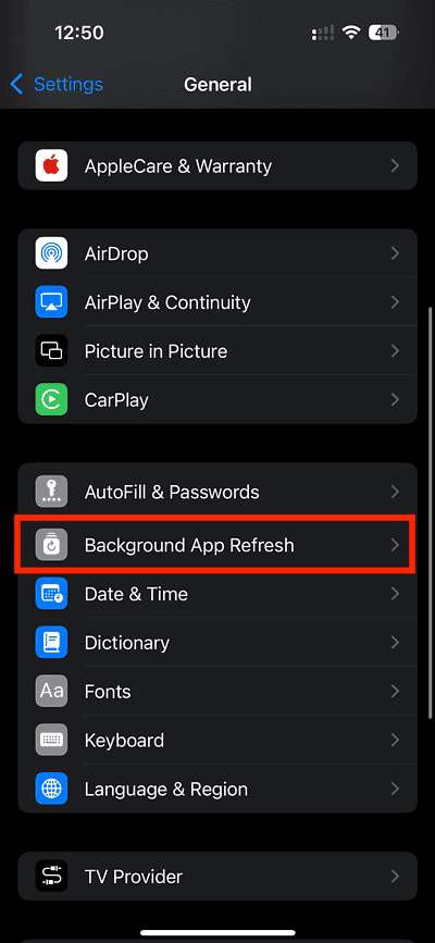 General Section in iPhone Settings