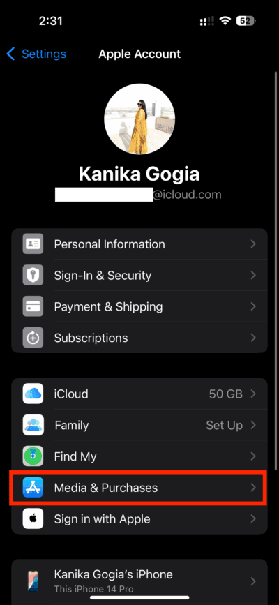 Media and Purchases in Apple ID Settings