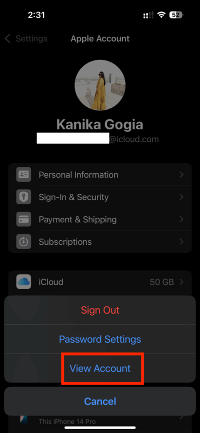 View Apple Account Settings