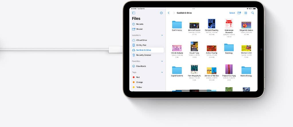 iPad Mini in landscape position with the Files app open and a USB cable connected
