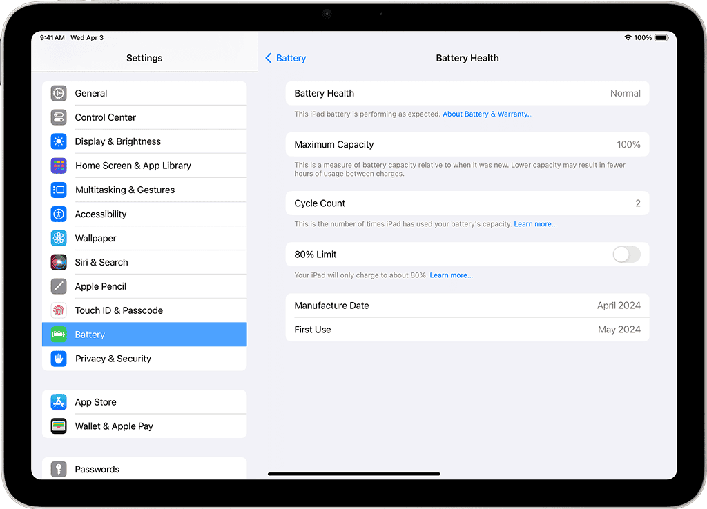 iPad displaying the Battery section of the iPadOS Settings app