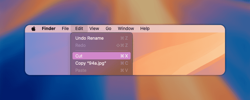 macOS Finder menu bar Edit showing Cut, Copy, and Paste actions