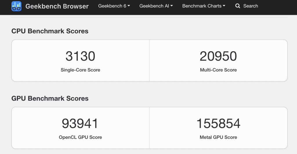 Geekbench results of the 16-inch M3 Max MacBook Pro