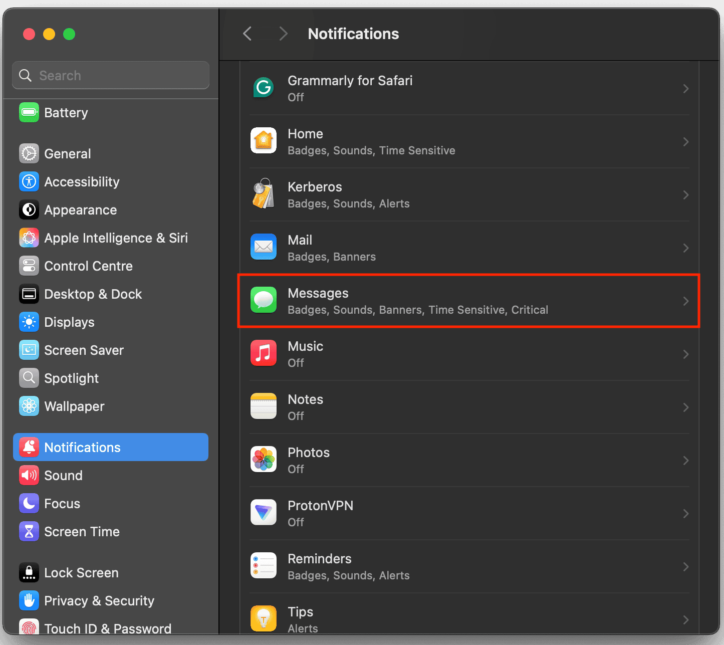 Notifications section in macOS Settings app