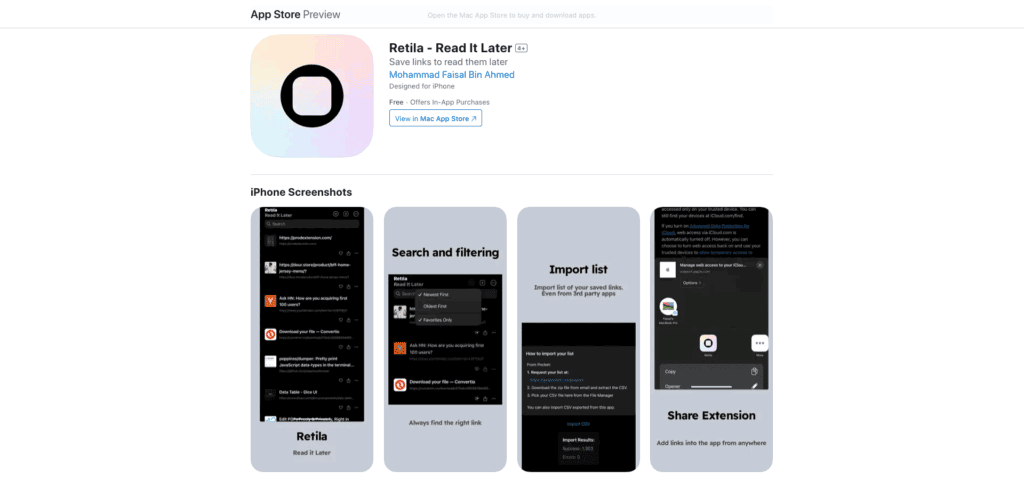 Retila iOS and macOS Pocket alternative App Store listing