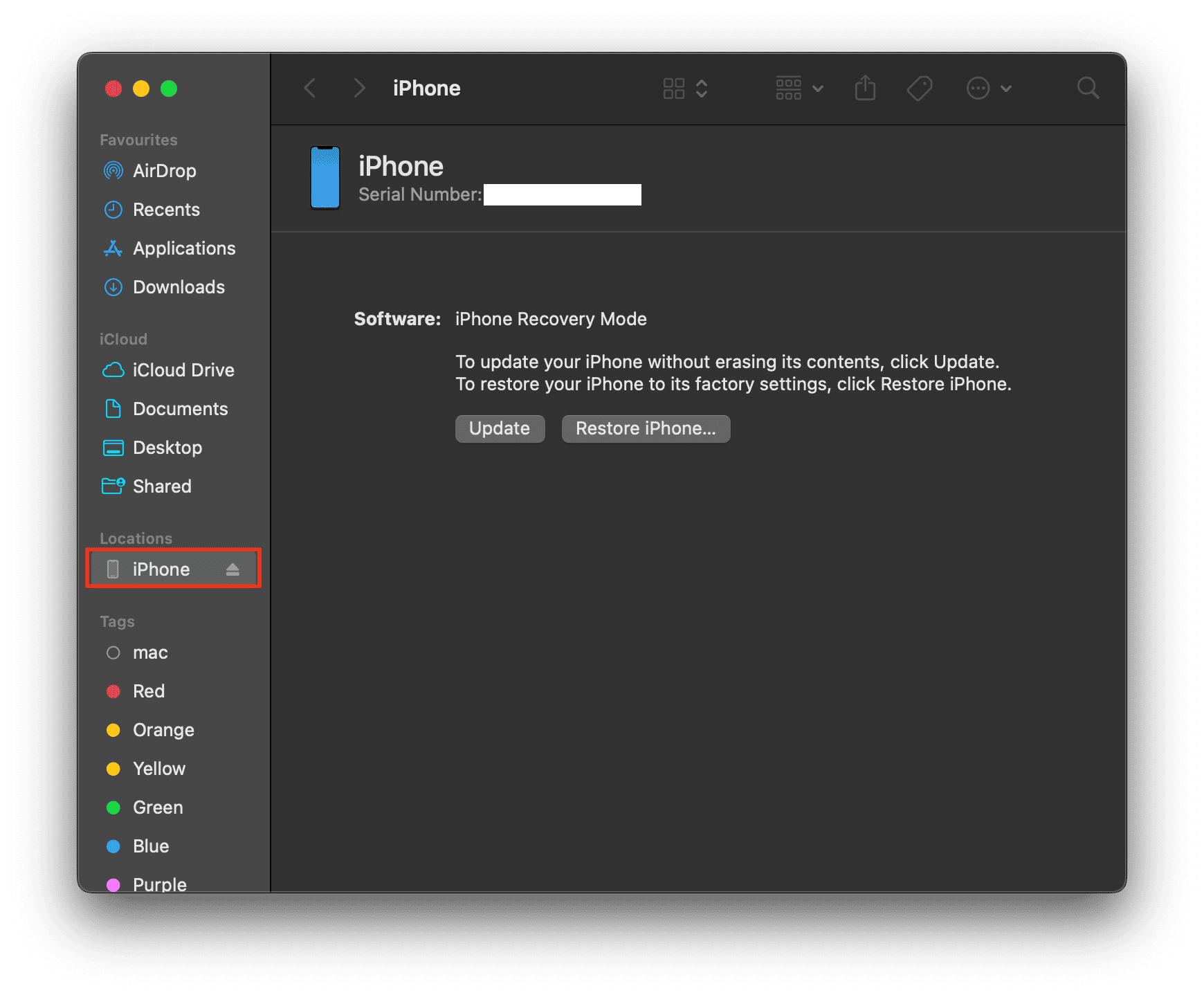 Select your iPhone from Finder's App