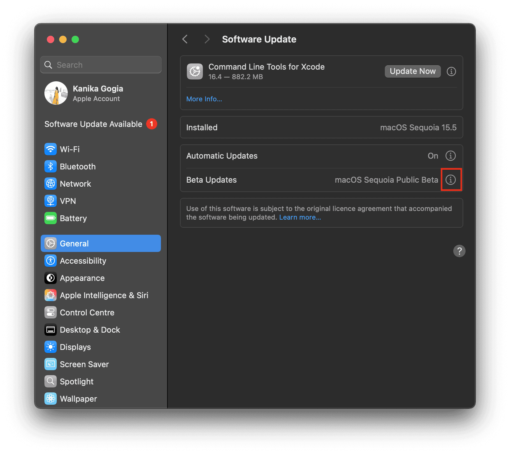 Sección de Actualización de software