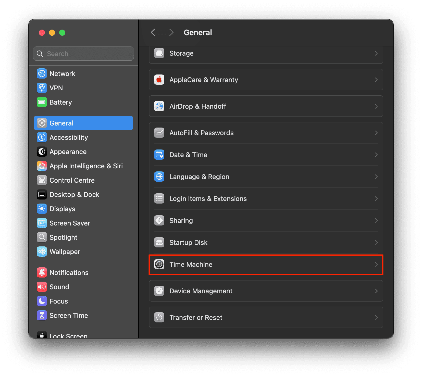 Opción Time Machine en los Ajustes del Mac