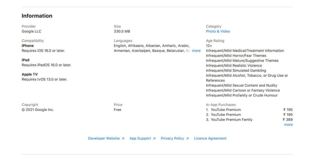 YouTube app details on the Apple App Store. 