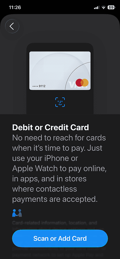 Apple Pay iPhone iOS 26 Wallet app card setup screen