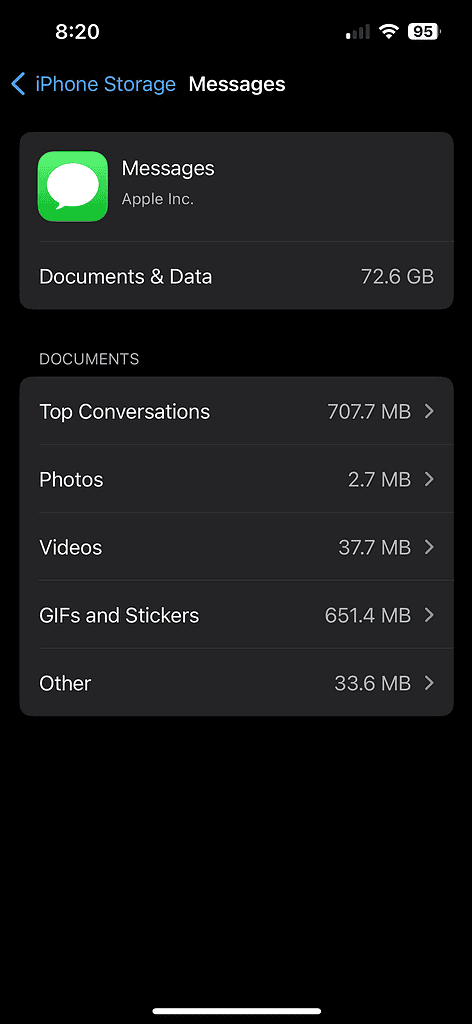 messages storage on iPhone