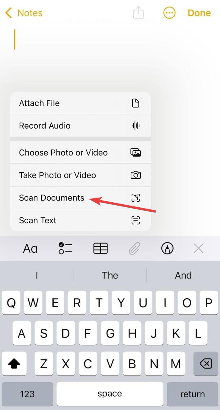 scan documents via Notes on iPhone