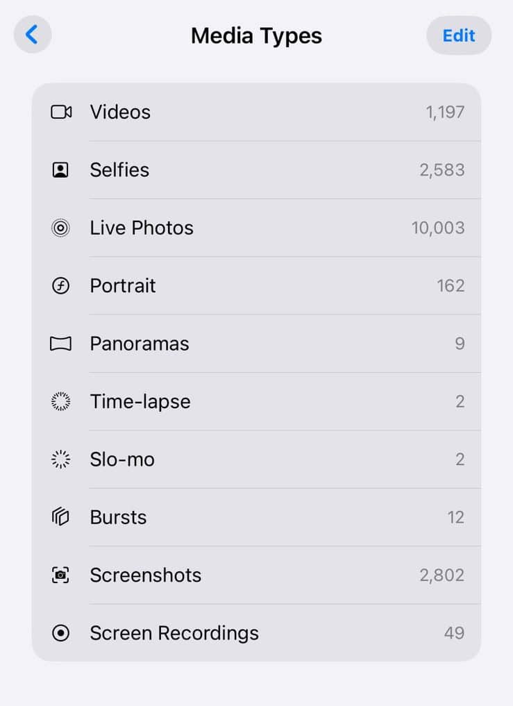 screenshots under media type on iPhone
