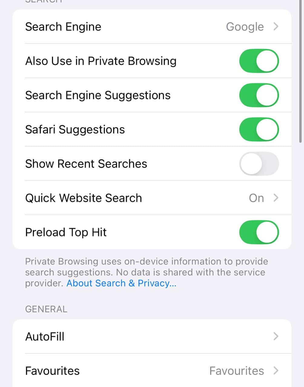 turn off show recent searches in Safari