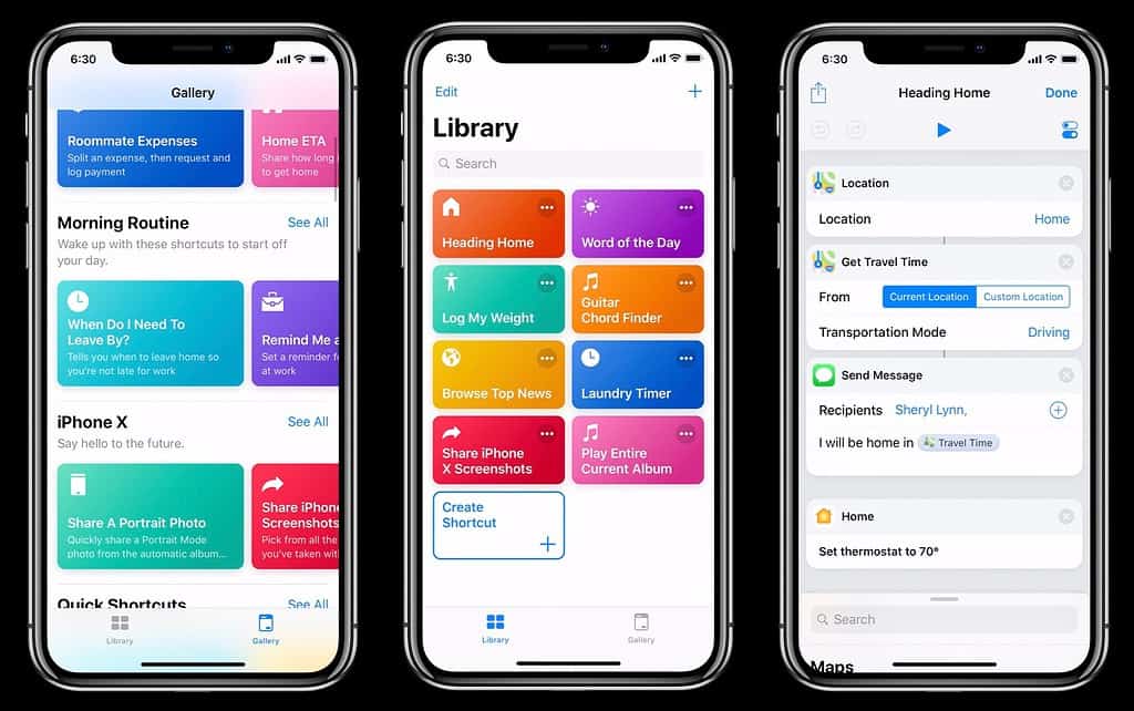 Three iPhones display the Shortcuts and Automation features, showcasing various personalized actions and settings for user convenience.
