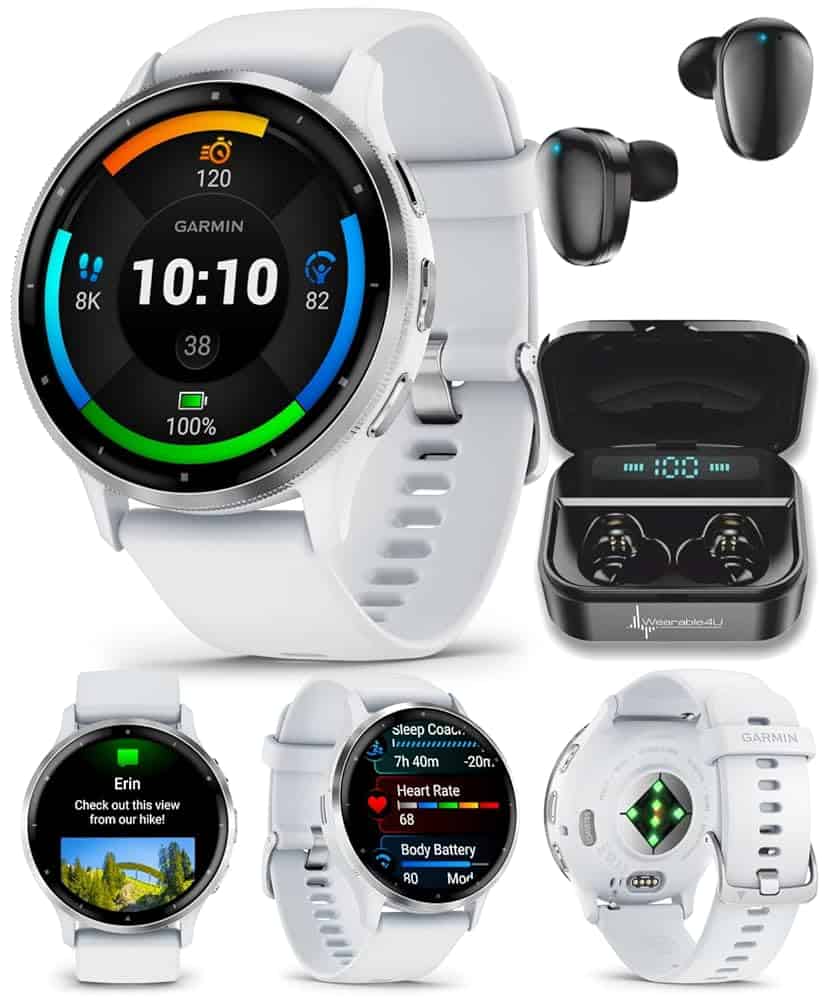 A Garmin Venu 3 smartwatch with a white strap displays health metrics, alongside wireless earbuds and their charging case.