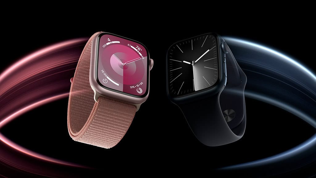 A sleek, modern smartwatch in a rose gold and a black design, displayed against a dynamic dark background with vibrant light swirls.