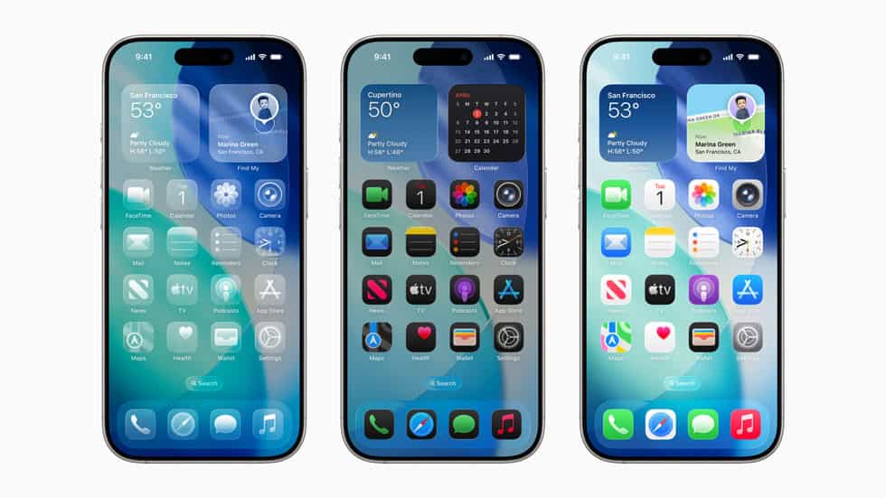 Three iPhones displaying different home screen layouts with app icons, weather information, and a calendar widget.